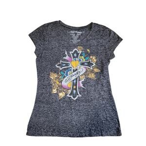 Ed Hardy Y2K Gray Cross Short Sleeve Graphic Tee Women's Size L